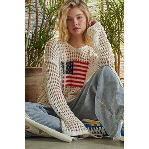 NWT Pol Long Sleeve American Flag Hoodie Thin Crochet Knit Sweater Top